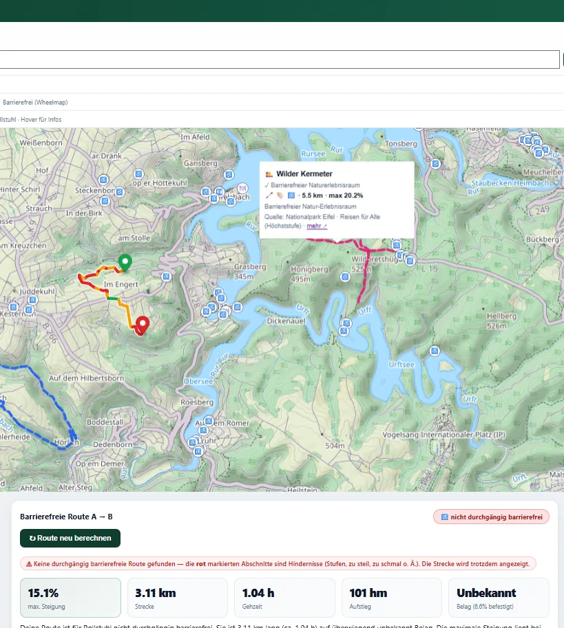 Screenshot des Barrierefreien Wanderplaners: Wanderkarte mit einer nach Befahrbarkeit eingefärbten Route (grün/gelb/rot), Profil-Auswahl für Rollstuhl, Rollator und Kinderwagen, eingeblendete offizielle barrierefreie Routen und Barrierefrei-POIs