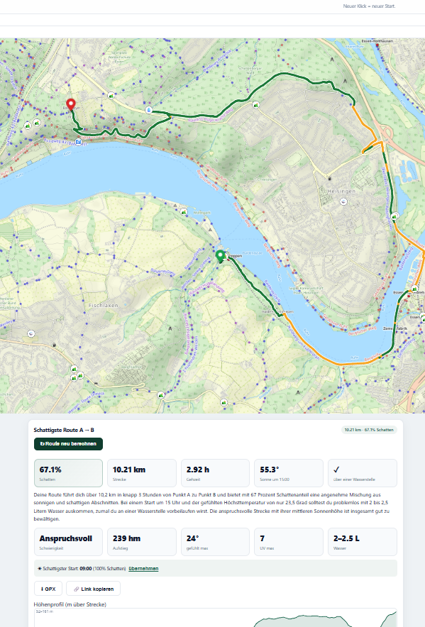 Screenshot des Schatten-Wanderplaners: Wanderkarte mit einer farblich nach Schatten-Ursache eingefärbten Route, Schatten-Heatmap über den Tagesverlauf und Höhenprofil