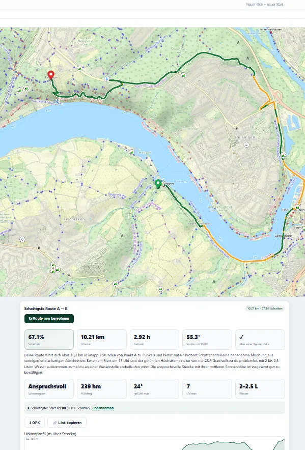 Screenshot des Schatten-Wanderplaners: Wanderkarte mit einer farblich nach Schatten-Ursache eingefärbten Route, Schatten-Heatmap über den Tagesverlauf und Höhenprofil