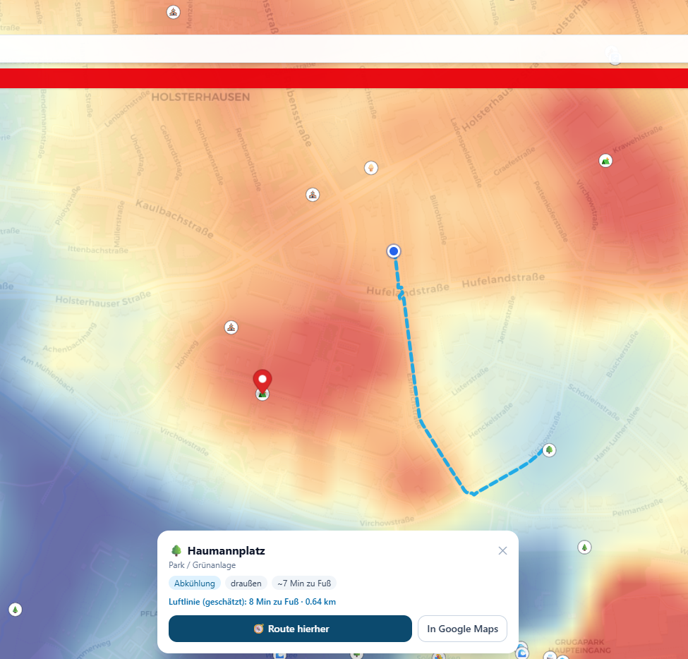 Screenshot des Cool City Guide: Stadtkarte mit Satelliten-Hitzelayer (blau kühl bis rot heiß), eingezeichnetem Fußweg zu einem empfohlenen kühlen Ort und KI-Empfehlungskarte mit Route hierher