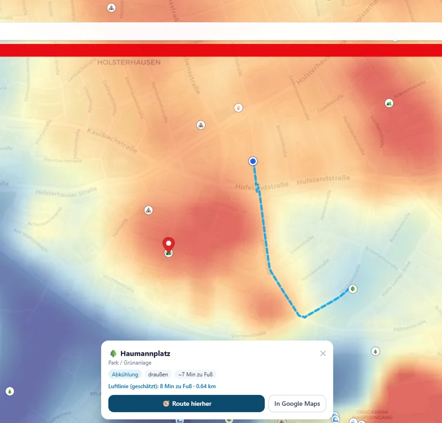 Screenshot des Cool City Guide: Stadtkarte mit Satelliten-Hitzelayer (blau kühl bis rot heiß), eingezeichnetem Fußweg zu einem empfohlenen kühlen Ort und KI-Empfehlungskarte mit Route hierher