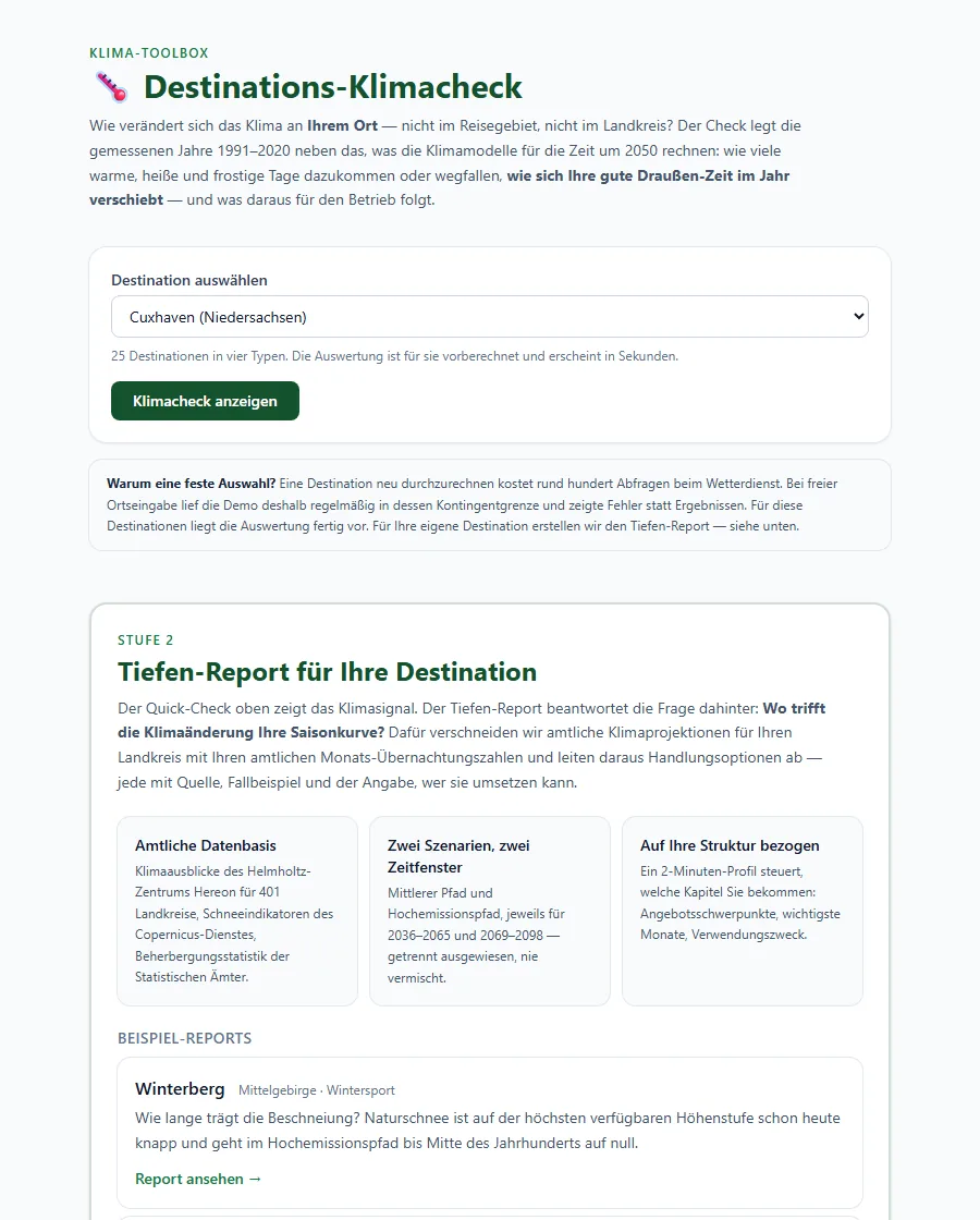 Screenshot des Destinations-Klimachecks: Auswahl einer Destination und Vorschau des Tiefen-Reports mit amtlichen Klimaindikatoren, Szenarien und Zeitfenstern
