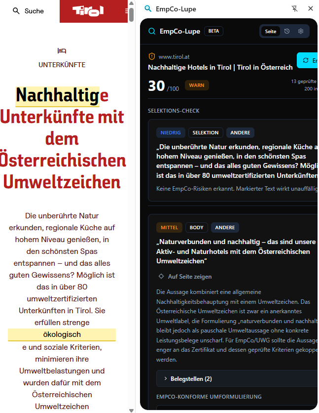 Screenshot der EmpCo-Lupe Chrome-Extension: Side-Panel mit Findings, Belegstellen aus EmpCo-Originaltext und Umformulierungs-Alternativen