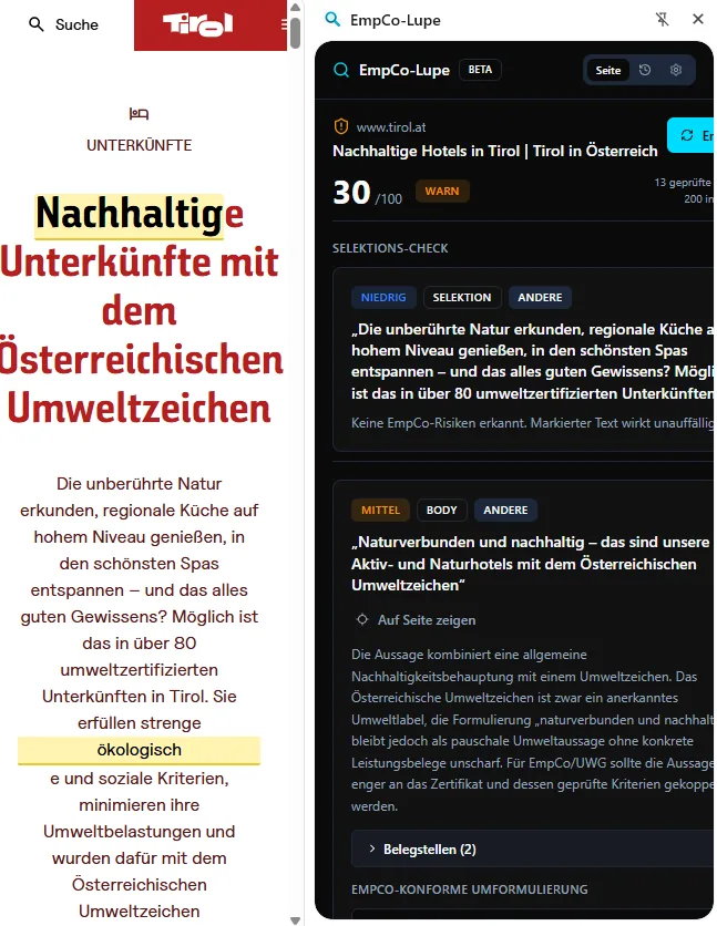 Screenshot der EmpCo-Lupe Chrome-Extension: Side-Panel mit Findings, Belegstellen aus EmpCo-Originaltext und Umformulierungs-Alternativen