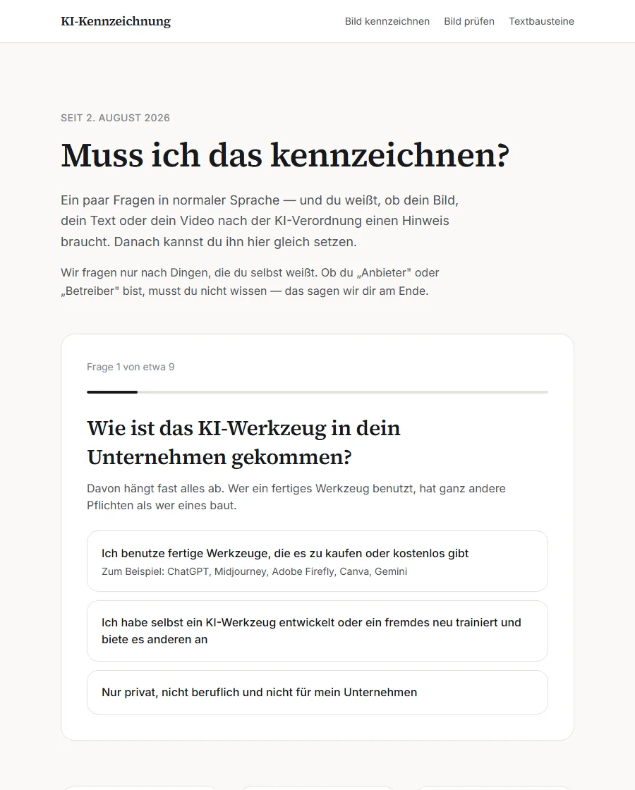 Screenshot des KI-Kennzeichnungs-Tools: Fragenbaum in Alltagssprache mit der Frage, wie das KI-Werkzeug ins Unternehmen gekommen ist, und drei Antwortmöglichkeiten