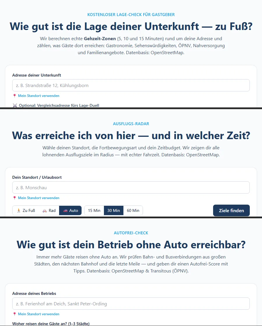 Zusammenstellung aus drei Erreichbarkeits-Werkzeugen: Lage-Check für Gastgeber, Ausflugs-Radar mit Zeitbudget und Autofrei-Check für die Anreise ohne Auto
