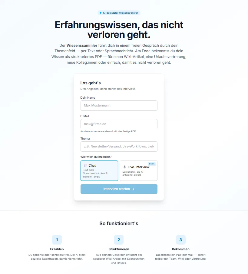 Screenshot des Wissenssammler-Frontends: Eingabe-Maske mit Themenfeld und Modus-Auswahl